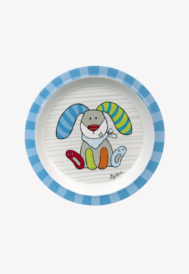 Round ceramic plate with a blue striped rim featuring a cartoon gray rabbit with colorful accents on its feet and a blue scarf.