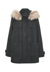 Sivý vlnený kabát s odnímateľnou umelou kožušinou na kapucni. Obsahuje dve náprsné vrecká a dve bočné vrecká. Detail gombíka na rukávoch.