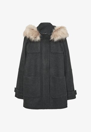 Manteau en laine gris avec une capuche en fausse fourrure amovible. Comprend deux poches poitrine et deux poches latérales. Détails de boutons sur les manches.