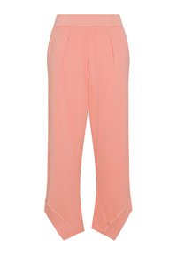 Hose aus leichtem, pinkfarbenem Stoff mit einer lockeren Passform, Falten an der Vorderseite und einem schrägen Saum an den Bündchen für eine moderne Silhouette.