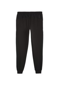 Pantaloni de jogging negri, confecționați dintr-un material moale și elastic. Talie elastică cu șnur, picioare conice cu manșete cu nervuri, având buzunare laterale.