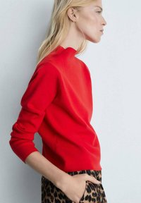 Rood pullover met een hoge hals en lange mouwen, gemaakt van zachte stof. Gecombineerd met een rok met luipaardprint, voorzien van een voorkant zak.