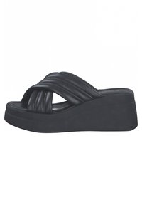 Black wedge sandals made of synthetic leather with a quilted strap design, featuring a textured platform sole and open toe.