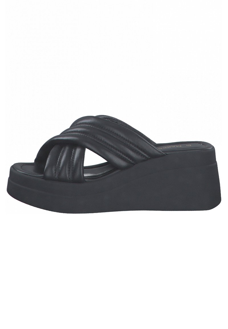 Black wedge sandals made of synthetic leather with a quilted strap design, featuring a textured platform sole and open toe.
