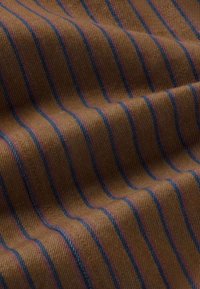 Tissu marron avec des rayures diagonales bleues et fines rouges, montrant une surface lisse, légèrement texturée avec de doux plis.
