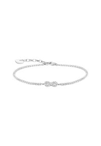 Bracciale in argento con un simbolo dell'infinito al centro, adornato con pietre trasparenti e brillanti, e una catena texturizzata per la chiusura.