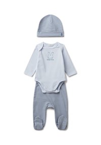 Completo per neonati di colore azzurro chiaro, composto da un body a maniche lunghe con stampa di coniglietto, pantaloni a righe con i piedi e un cappellino a righe coordinato.