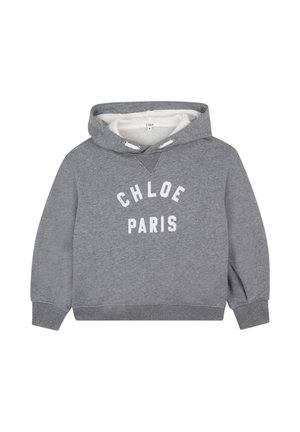 Szara bluza z kapturem, z białym futerkiem wewnątrz i napisem "CHLOE PARIS" w białym kolorze z przodu, z ribbowanymi mankietami i dołem.