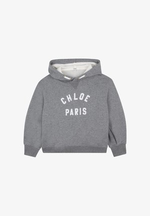 Felpa con cappuccio grigio, foderata in bianco in pile, con la scritta "CHLOE PARIS" stampata in bianco sul davanti, presenta polsini e orlo a coste.