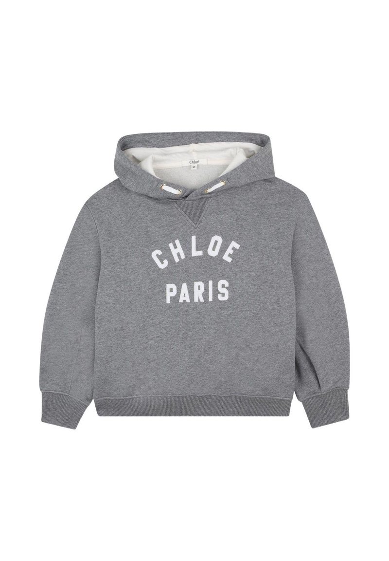 Felpa con cappuccio grigio, foderata in bianco in pile, con la scritta "CHLOE PARIS" stampata in bianco sul davanti, presenta polsini e orlo a coste.