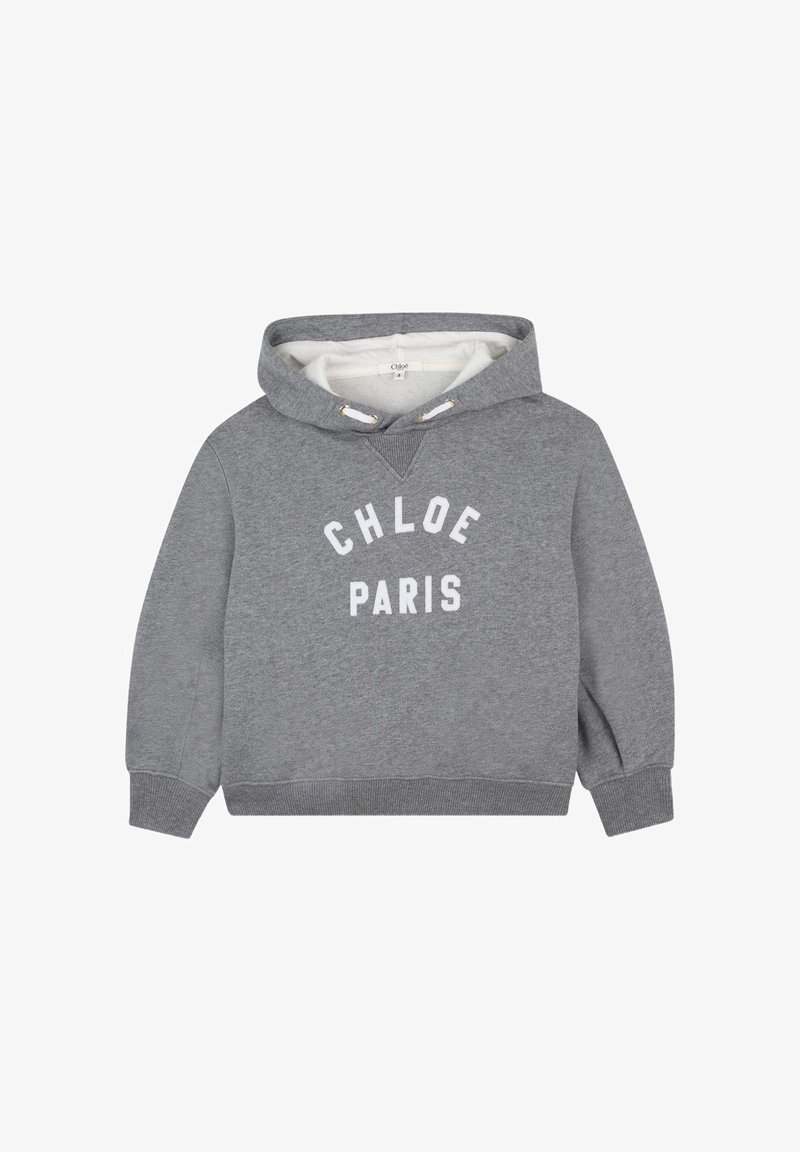 Felpa con cappuccio grigio, foderata in bianco in pile, con la scritta "CHLOE PARIS" stampata in bianco sul davanti, presenta polsini e orlo a coste.