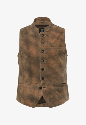 Brun ruskindsvest med mandarin krave, der har seks sorte knapper, en brystlomme og to forlommer. Glat struktur og tætsiddende pasform.