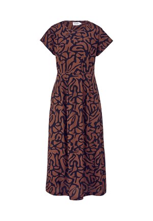 Maximekkoin ruskeasta kankaasta, jossa on abstrakti musta kuvio. Lyhyet hihat, pyöreä kaula-aukko ja kapea vyötärö, joka johtaa laskostettuun hameeseen.