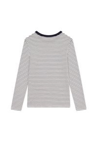 Camicia a maniche lunghe in cotone bianco con righe orizzontali blu navy. Presenta un collo rotondo e una vestibilità slim.