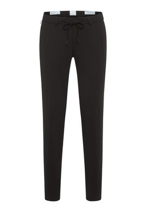 Black stretch pants with a drawstring waistband, tapered leg shape, and soft texture. Features side pockets and a sleek design.