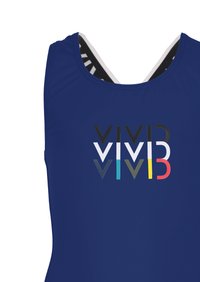 Marineblauer Badeanzug mit einem runden Ausschnitt und kontrastierender Schwarz-Weiß-Streifenfutter. Auf der Vorderseite befindet sich ein mehrfarbiges "VIVID"-Logo.
