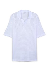 Polo shirt bianco a maniche corte con un tessuto a nido d'ape dalla consistenza testurizzata e un colletto piatto a contrasto. Presenta un design con scollatura a V.