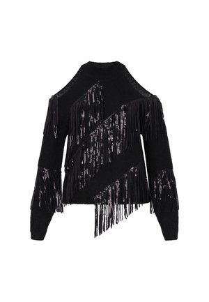 Zwarte trui met koude schouderdesign, voorzien van franjes en paillettenaccenten in diagonale patronen op de mouwen en het lichaam.