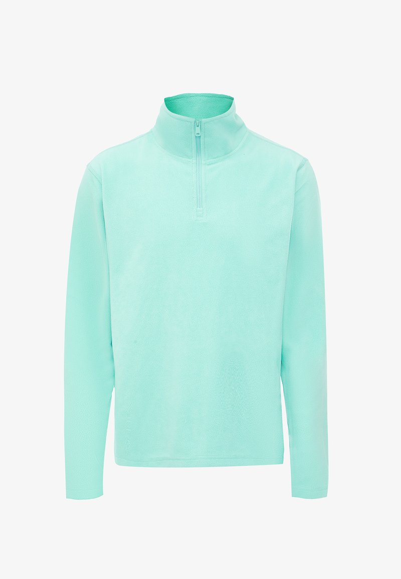 Fényes menta zöld fleece pulóver félcipzáras gallérral és hosszú ujjakkal. Sima textúra, minimális varrási részletekkel.
