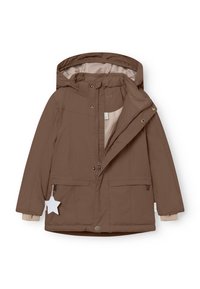 Veste imperméable marron avec capuche, fermeture éclair frontale, boutons pression, deux poches latérales et doublure intérieure beige. Comprend une étiquette amovible.