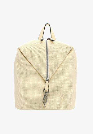 Rucksack aus elfenbeinfarbenem, perforiertem Leder mit mittigem Reißverschluss und Metallverschluss, versehen mit einem kleinen, geprägten Logo auf der unteren rechten Seite.