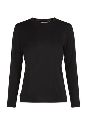 Maglietta nera a maniche lunghe con scollatura rotonda, realizzata in tessuto morbido e caratterizzata da una cucitura arancione lungo il collo. Design semplice e aderente.