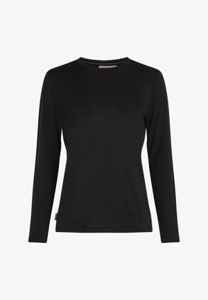 Zwart langemouw-shirt met een ronde hals, gemaakt van zachte stof en een oranje accentsteek langs de hals. Eenvoudig, aansluitend ontwerp.