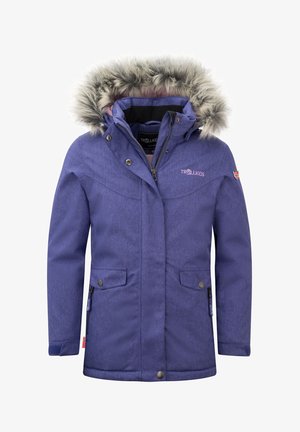 Lila Winterparka für Kinder mit pelzbesetzter Kapuze, Frontreißverschluss und Druckknöpfen, Klappentaschen sowie Trollkids-Logo auf Brust und Ärmel.