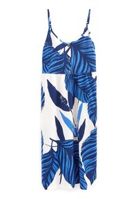 Blau-weißes Kleid mit tropischem Muster, dünnen Trägern, Knopfdetail an der Vorderseite, strukturiertem Stoff und fließender Silhouette.