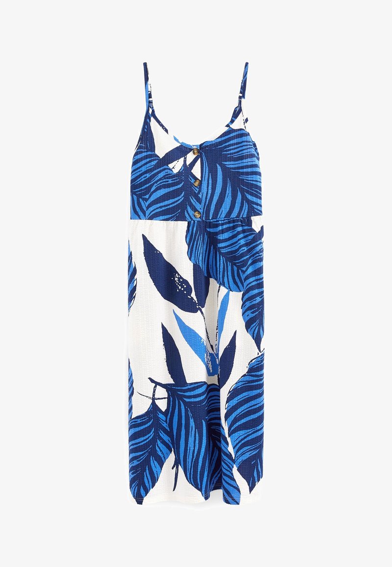 Blau-weißes Kleid mit tropischem Muster, dünnen Trägern, Knopfdetail an der Vorderseite, strukturiertem Stoff und fließender Silhouette.