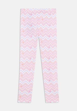 Leggings en un patrón de zigzag en rosa, blanco y azul. Tejido suave y elástico con una cinturilla elástica. Diseño de longitud completa para mayor comodidad.