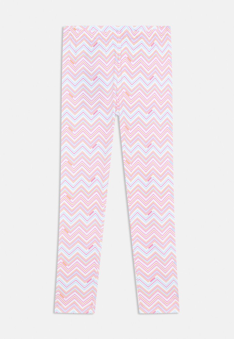 Rózsaszín, fehér és kék zigzag mintás leggings. Puha, elasztikus anyag rugalmas derékkal. Teljes hosszúságú fazon a kényelem érdekében.