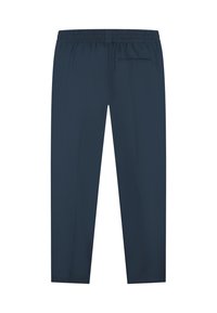 Marineblauwe, slim-fit broek met een elastische tailleband, voorzien van een enkele achterzak en een gladde, lichte stof.