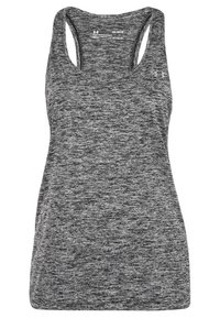 Szary sportowy top na ramiączkach o melanżowej fakturze, z tyłem typu racerback i zaokrąglonym dekoltem. Lekka tkanina odpowiednia do aktywności fizycznej.