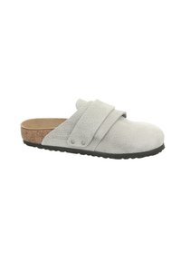 Gray suede slip-on sandal with two adjustable straps, cork footbed, and textured surface. Black rubber outsole. Minimalist design.