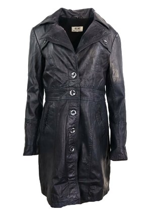 Schwarze Lederjacke mit taillierter Passform, großem Kragen, sechs Knöpfen und Seitentaschen. Glatte Textur mit subtiler Eleganz.
