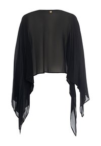 Shawl nero trasparente con apertura frontale, dotato di lunghe e fluide pannelli asimmetrici che pendono dalle spalle, esposto piatto su sfondo bianco.