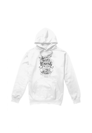 White hooded sweatshirt with front pouch pocket and black text design reading "Saving People Hunting Things The Family Business" in decorative font.