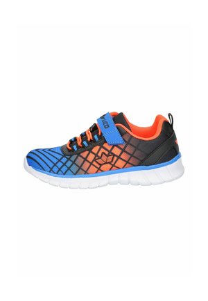 Children’s athletic sneaker with blue, orange, and black gradient mesh, black laces, blue Velcro strap, and white sole.