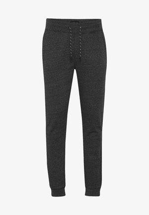 Temno sivi jogger hlače iz mehke tkanine, z elastičnim pasom in vrvico ter zoženimi manšetami za oprijet videz.