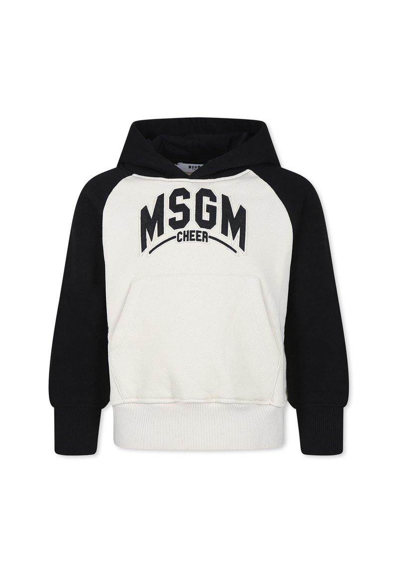 Felpa con cappuccio con maniche nere e corpo crema. Presenta "MSGM CHEER" ricamato in nero sulla parte anteriore. Include una tasca a marsupio frontale.