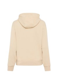 Sweat à capuche beige avec manches longues, poignets et ceinture côtelés, présenté de dos sur fond blanc.