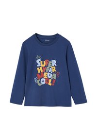 Marineblaues Langarmkindershirt mit mehrfarbigem Aufdruck "Super Hyper Mega Cool!" und kleinen Fahrradillustrationen auf der Vorderseite.