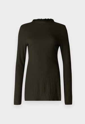 Long-sleeve top in dark green with a textured fabric, featuring a scalloped neckline and a relaxed fit. No patterns or accents visible.