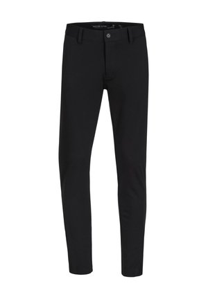 Pantalons slim fit noirs en tissu extensible, dotés d'une fermeture éclair et d'un bouton, avec des poches latérales et un design minimaliste.