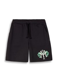 Zwarte katoenen shorts met een elastische tailleband, trekkoord, zijzakken en een groene grafische print aan de onderzijde links.