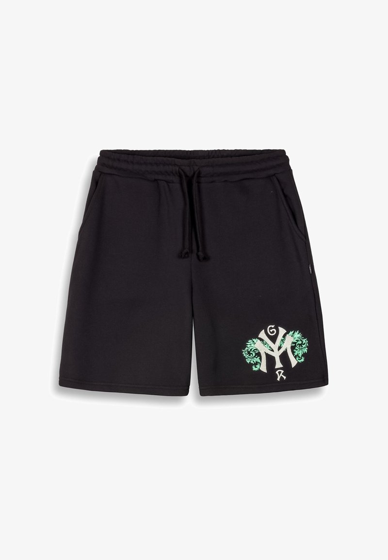 Zwarte katoenen shorts met een elastische tailleband, trekkoord, zijzakken en een groene grafische print aan de onderzijde links.