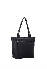 Schwarze Ledertasche mit langen Griffen und einer horizontalen silbernen Reißverschlusstasche auf der Vorderseite, dargestellt vor weißem Hintergrund.