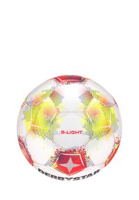 Palla da calcio bianca con accenti rossi e gialli, caratterizzata da un motivo esagonale e il marchio "S-LIGHT", realizzata in materiale sintetico testurizzato.