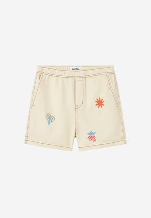Beige shorts with elastic waistband, two side pockets, and three colorful embroidered designs: an orange sun, blue plant, and red coral.